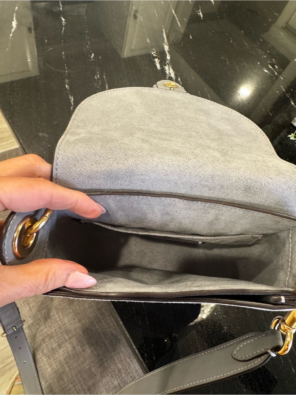 🩶COACH Gray Pebbled Leather & Suede Mini Saddle Bag with Gold Hardware - Picture 6 of 13